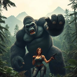 A gigantic, towering King Kong with a muscular build grabbing Lara Croft delicately in his enormous hand