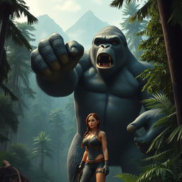 A gigantic, towering King Kong with a muscular build grabbing Lara Croft delicately in his enormous hand