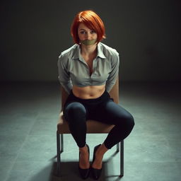 A 20-year-old woman sitting on a chair with her hands tied behind her back and gagged