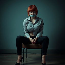 A 20-year-old woman sitting on a chair with her hands tied behind her back and gagged