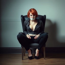 A 20-year-old woman sitting on a chair with her hands tied behind her back and gagged