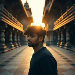 An Indian man with curly hair standing in a temple area during the evening, lost in his own thoughts