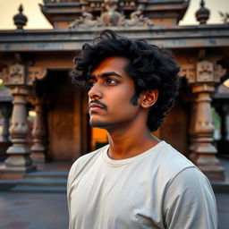 An Indian man with curly hair standing in a temple area during the evening, lost in his own thoughts