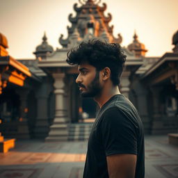 An Indian man with curly hair standing in a temple area during the evening, lost in his own thoughts