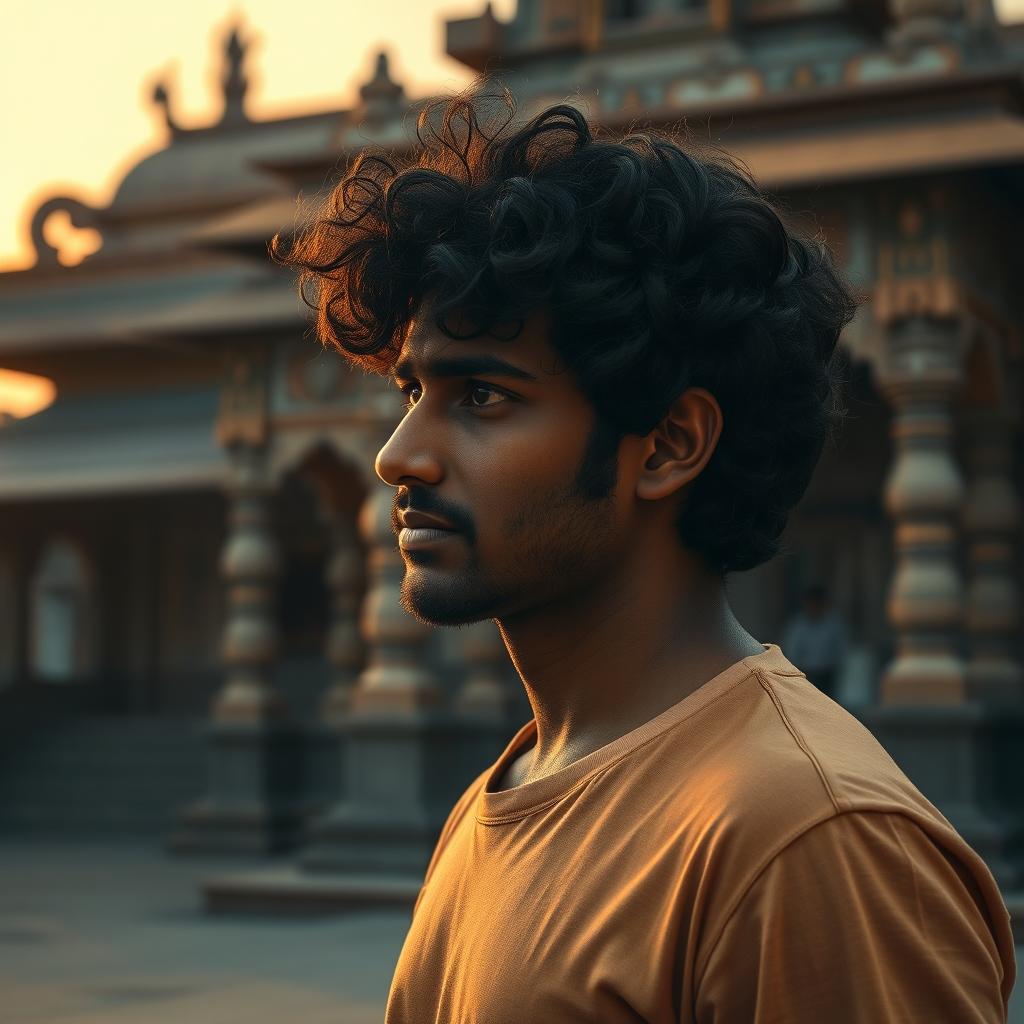 An Indian man with curly hair standing in a temple area during the evening, lost in his own thoughts