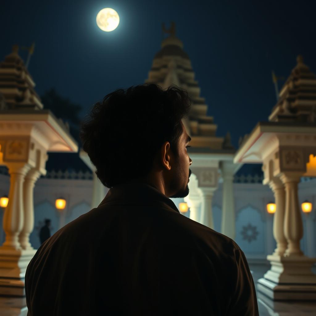 An Indian man with curly hair standing in a temple area at night, seen from behind