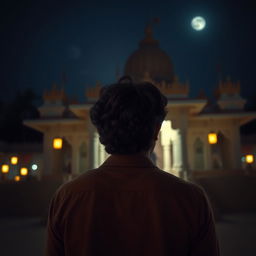 An Indian man with curly hair standing in a temple area at night, seen from behind