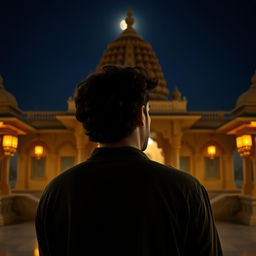 An Indian man with curly hair standing in a temple area at night, seen from behind