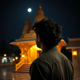 An Indian man with curly hair standing in a temple area at night, seen from behind