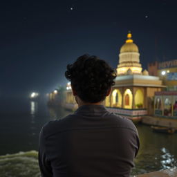 An Indian man with curly hair sitting near the Ganga River in a temple area at night, seen from behind