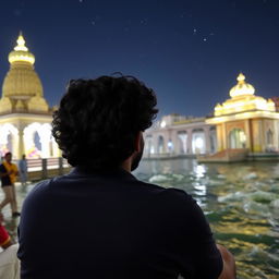 An Indian man with curly hair sitting near the Ganga River in a temple area at night, seen from behind