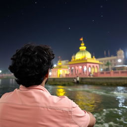 An Indian man with curly hair sitting near the Ganga River in a temple area at night, seen from behind