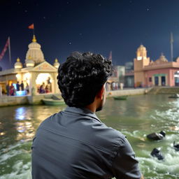 An Indian man with curly hair sitting near the Ganga River in a temple area at night, seen from behind