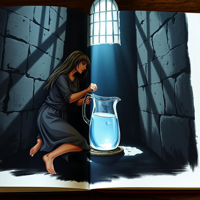 An illustration of a book depicting a woman prisoner in a cell, desperately reaching for a pitcher full of water