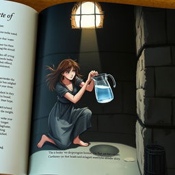 An illustration of a book depicting a woman prisoner in a cell, desperately reaching for a pitcher full of water