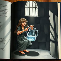 An illustration of a book depicting a woman prisoner in a cell, desperately reaching for a pitcher full of water