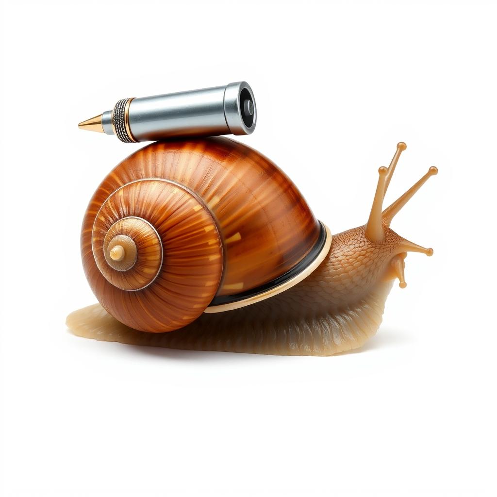 A hyper-realistic photograph of a snail, captured from the right side, featuring a turbo rocket machine attached to its shell, against a pristine white background