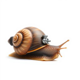 A hyper-realistic photograph of a snail, captured from the right side, featuring a turbo rocket machine attached to its shell, against a pristine white background