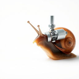 A hyper-realistic photograph of a snail, captured from the right side, featuring a turbo rocket machine attached to its shell, against a pristine white background