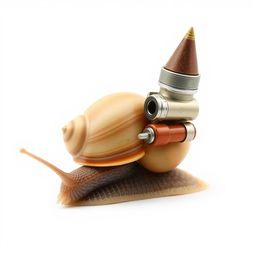 A hyper-realistic photograph of a snail, captured from the right side, featuring a turbo rocket machine attached to its shell, against a pristine white background