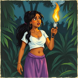 A vintage book illustration depicting a 20-year-old Indian woman terrified in the jungle at night