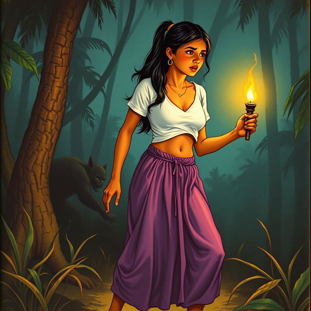 A vintage book illustration depicting a 20-year-old Indian woman terrified in the jungle at night