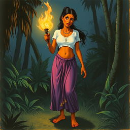 A vintage book illustration depicting a 20-year-old Indian woman terrified in the jungle at night