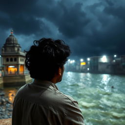 An Indian man with curly hair sitting near the Ganga River in a temple area during a stormy night, seen from behind