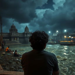 An Indian man with curly hair sitting near the Ganga River in a temple area during a stormy night, seen from behind