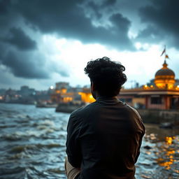 An Indian man with curly hair sitting near the Ganga River in a temple area during a stormy night, seen from behind