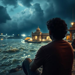 An Indian man with curly hair sitting near the Ganga River in a temple area during a stormy night, seen from behind