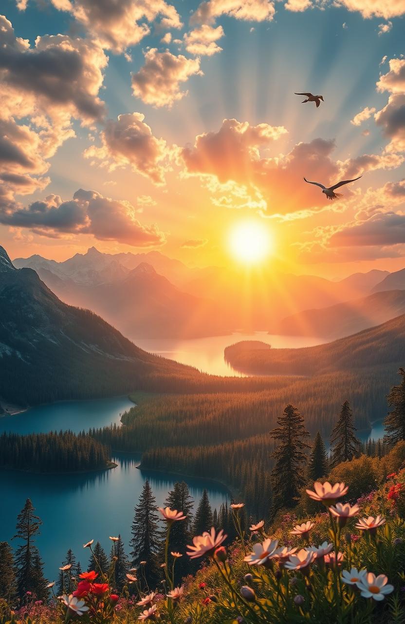 A divine and ethereal scene depicting "God's Masterpiece", showcasing a breathtaking landscape that combines stunning natural elements like majestic mountains, serene lakes, lush forests, and a vibrant sunrise casting golden rays across the sky