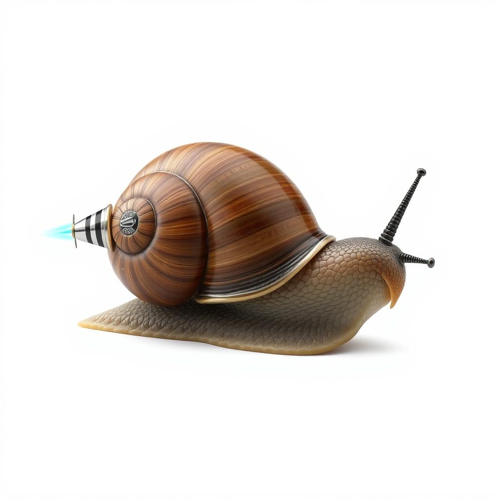 A hyper-realistic image of a snail with a turbo rocket machine on its shell, set against a white background, highlighting the intricate details of the snail and the futuristic design of the rocket