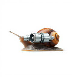 A hyper-realistic image of a snail with a turbo rocket machine on its shell, set against a white background, highlighting the intricate details of the snail and the futuristic design of the rocket