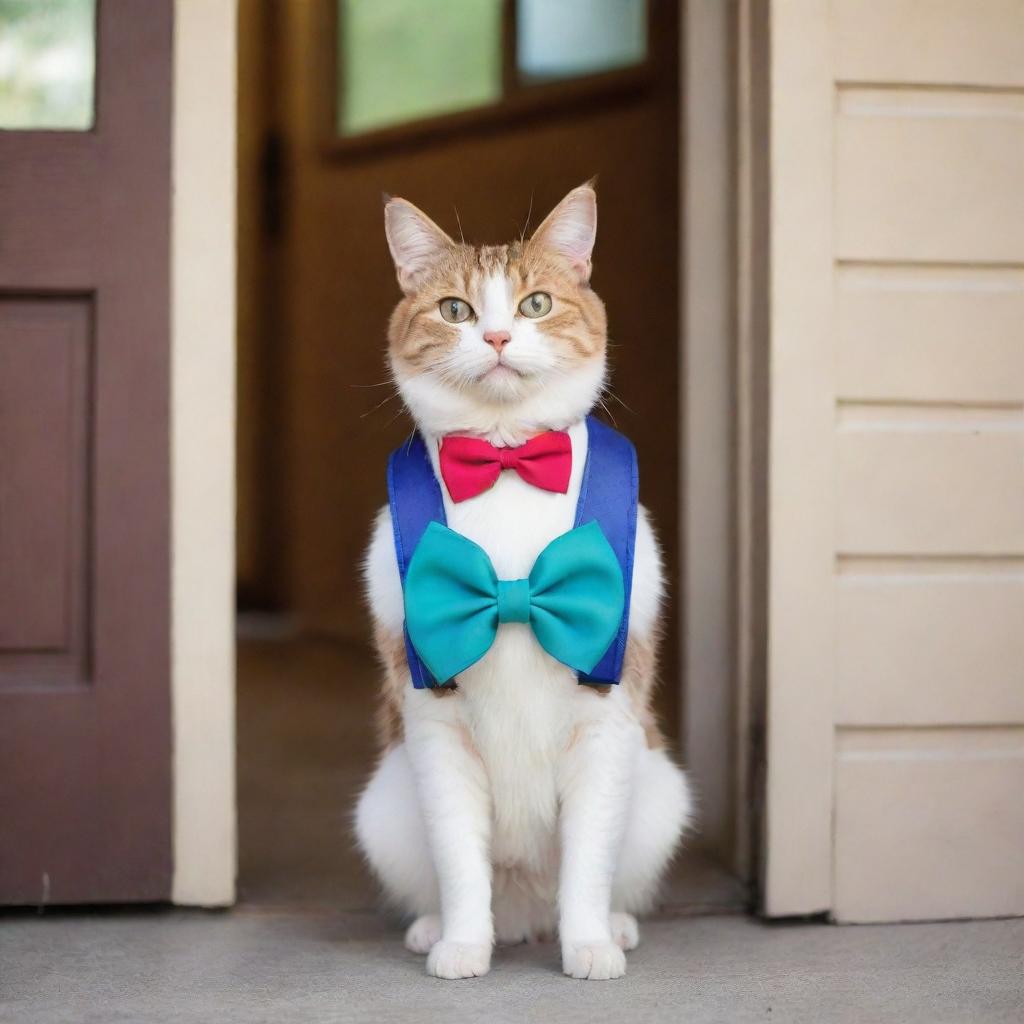 A cute cat wearing a miniature backpack and a bright, oversized bow tie on its first day of kindergarten. The cat is eagerly standing at the door of a tiny animal-sized schoolhouse.