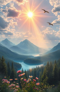 A divine and ethereal scene depicting "God's Masterpiece", showcasing a breathtaking landscape that combines stunning natural elements like majestic mountains, serene lakes, lush forests, and a vibrant sunrise casting golden rays across the sky