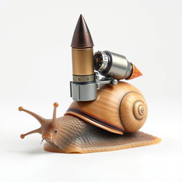 A hyper-realistic image of a snail with a turbo rocket machine on its shell, set against a white background, highlighting the intricate details of the snail and the futuristic design of the rocket