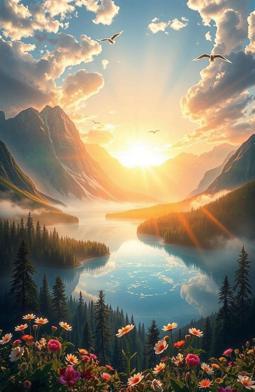 A divine and ethereal scene depicting "God's Masterpiece", showcasing a breathtaking landscape that combines stunning natural elements like majestic mountains, serene lakes, lush forests, and a vibrant sunrise casting golden rays across the sky