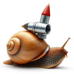 A hyper-realistic image of a snail with a turbo rocket machine on its shell, set against a white background, highlighting the intricate details of the snail and the futuristic design of the rocket