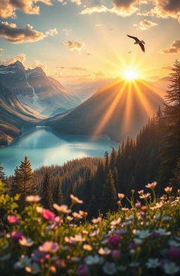 A divine and ethereal scene depicting "God's Masterpiece", showcasing a breathtaking landscape that combines stunning natural elements like majestic mountains, serene lakes, lush forests, and a vibrant sunrise casting golden rays across the sky