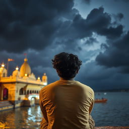 An Indian man with curly hair is sitting in the temple area near the Ganga river, lost in his own thoughts