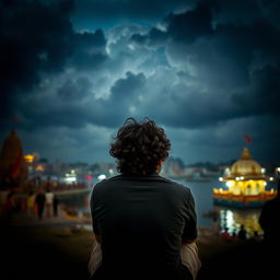 An Indian man with curly hair is sitting in the temple area near the Ganga river, lost in his own thoughts