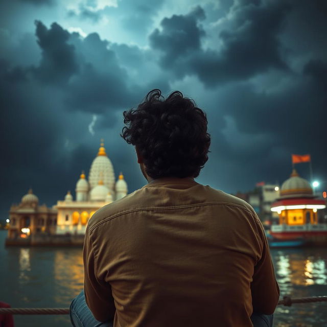 An Indian man with curly hair is sitting in the temple area near the Ganga river, lost in his own thoughts