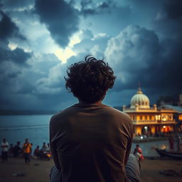 An Indian man with curly hair is sitting in the temple area near the Ganga river, lost in his own thoughts