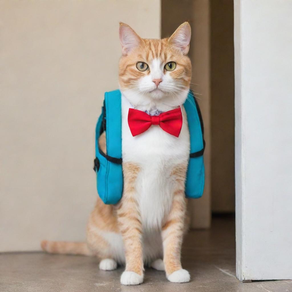 A cute cat wearing a miniature backpack and a bright, oversized bow tie on its first day of kindergarten. The cat is eagerly standing at the door of a tiny animal-sized schoolhouse.