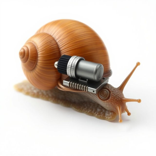 A realistic photograph of a snail viewed from the right side, with a hot rod machine creatively attached to its shell, set against a clean white background, emphasizing the details of both the snail and the hot rod machine