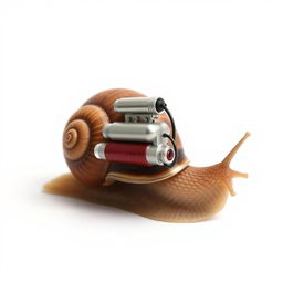 A realistic photograph of a snail viewed from the right side, with a hot rod machine creatively attached to its shell, set against a clean white background, emphasizing the details of both the snail and the hot rod machine