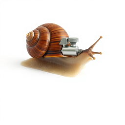 A realistic photograph of a snail viewed from the right side, with a hot rod machine creatively attached to its shell, set against a clean white background, emphasizing the details of both the snail and the hot rod machine