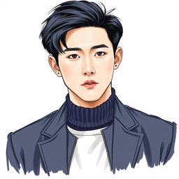 realistic drawing of a young Korean man, depicting detailed facial features, sleek black hair styled neatly, wearing a stylish modern outfit, set against a subtle neutral background to emphasize the figure