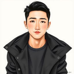 realistic drawing of a young Korean man, depicting detailed facial features, sleek black hair styled neatly, wearing a stylish modern outfit, set against a subtle neutral background to emphasize the figure